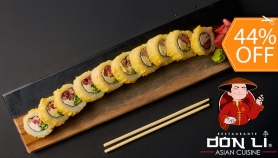 [Image: Menú para 2 en Don Li: 2 Sushi Rolls a Elección + Wantanes de Pollo + Postre + Pichel de Té Heladom]