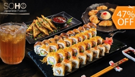 [Image: Disfruta en Soho 40 Piezas de Sushi + Gyozas Saladas + Bananas Tempuras + Jarra de Té Heladom]